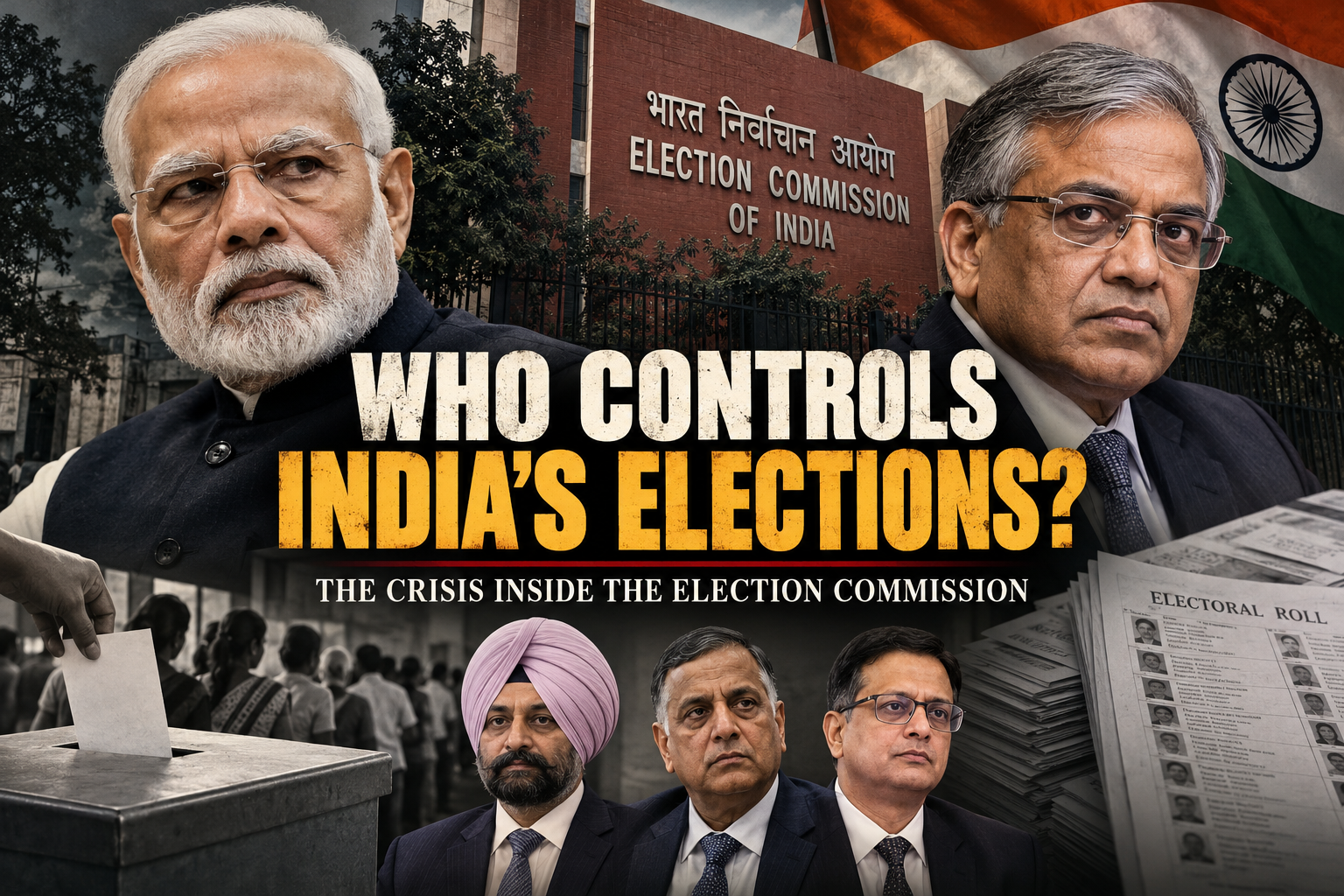 Editorial illustration featuring Narendra Modi, Gyanesh Kumar, election officials, the Election Commission of India and electoral rolls, highlighting concerns about electoral independence.